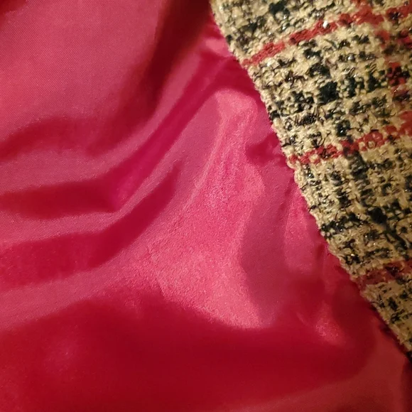 Robert Lewis Womens Large Tan Beige & Red Suit Jacket Silver Glitter Plaid - Picture 5 of 8